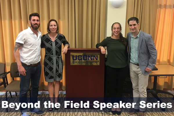 Charlie Macaulay, Jennifer McGarry, Sofia Read and Eli Wolf from fall 2017 Beyond the Field speaker series