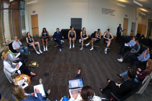 UConn Women's Basketball team participates in a round table discussion at the NCAA Final Four Tournament.